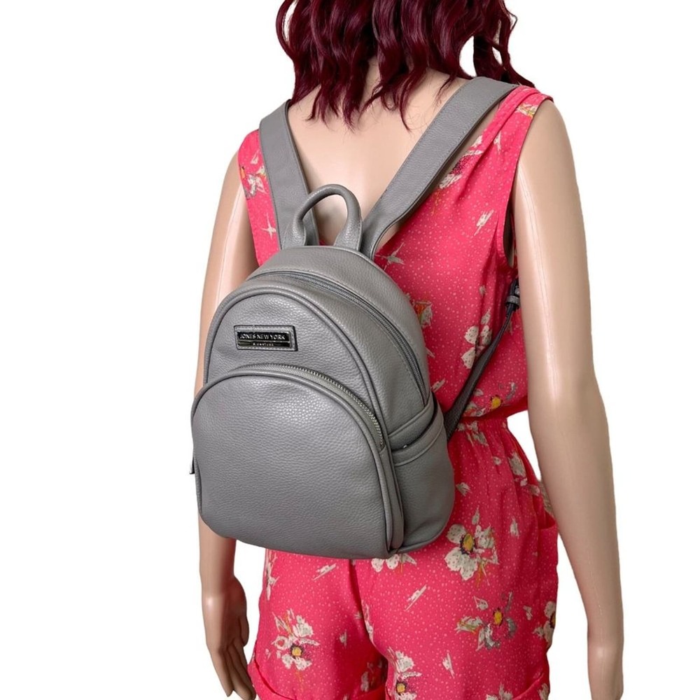 Jones New York Womens Mini Backpack Gray Faux Pebble Leather Multi Compartment